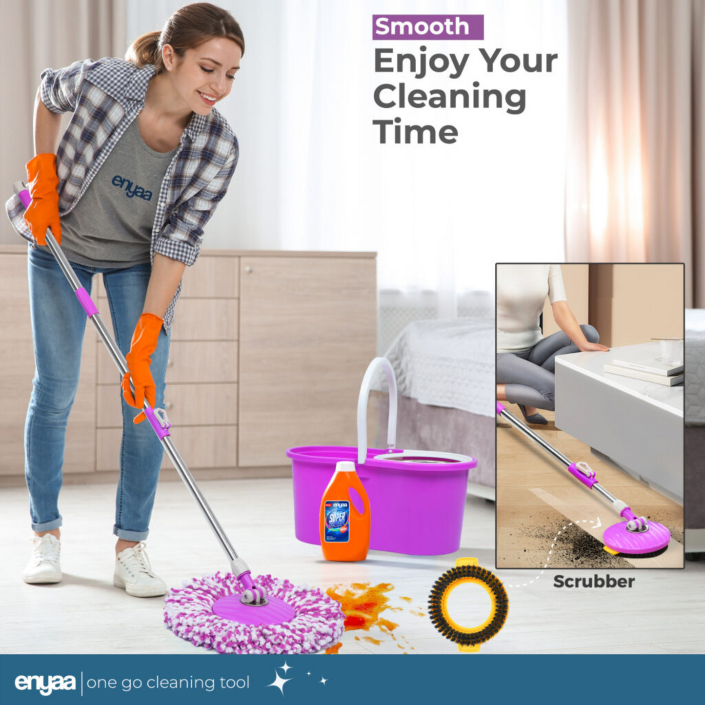 Magic Spin Mop & Bucket Includes 4 x Microfibre Mop Heads & Scrubbing Brush