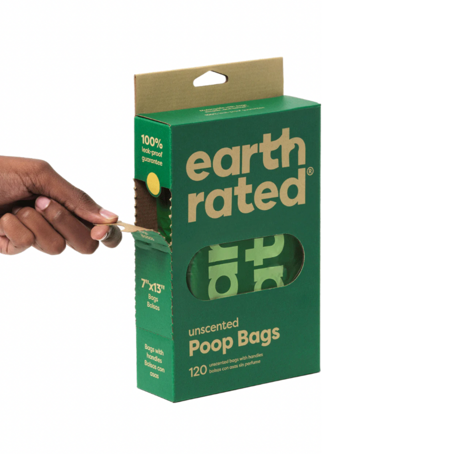 Earth Rated Poop Bags 120 Unscented With Handles Loose in a Box