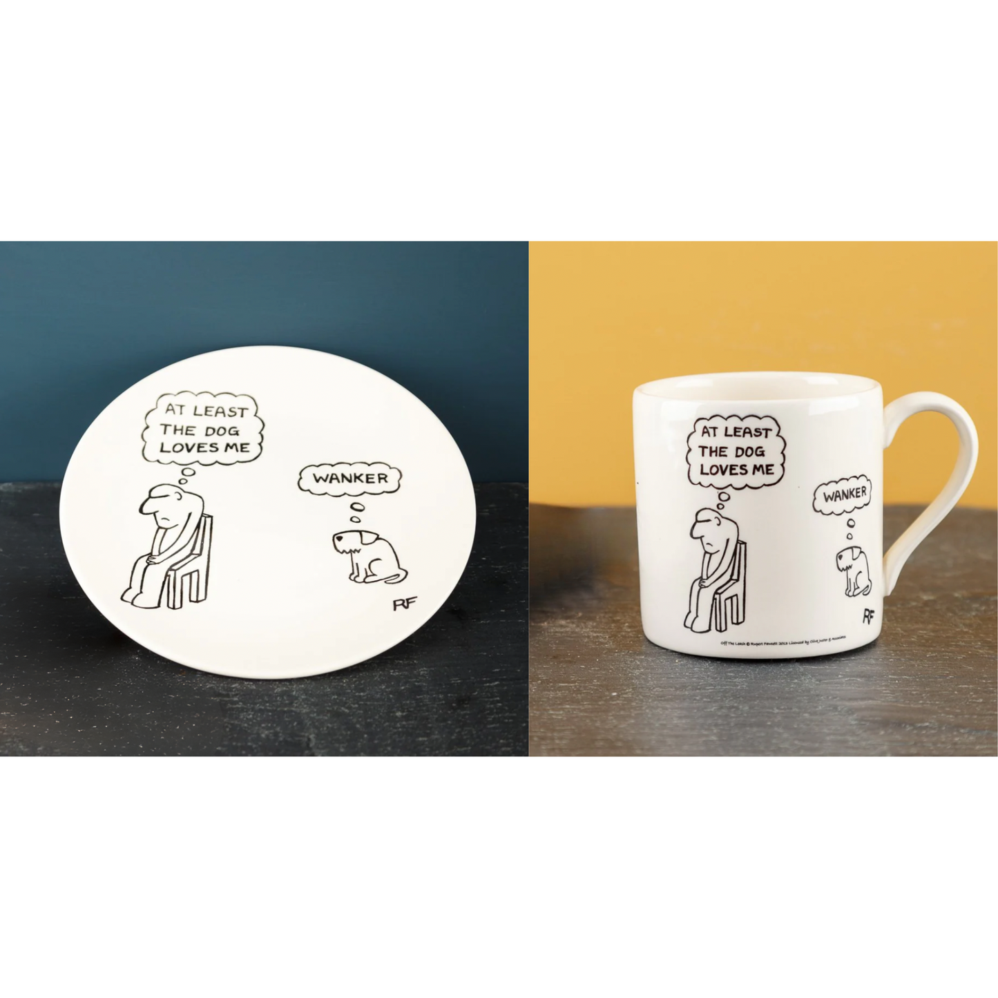 At Least The Dog Loves Me, Original White Porcelain Plate & Mug, by Rupert Fawcett