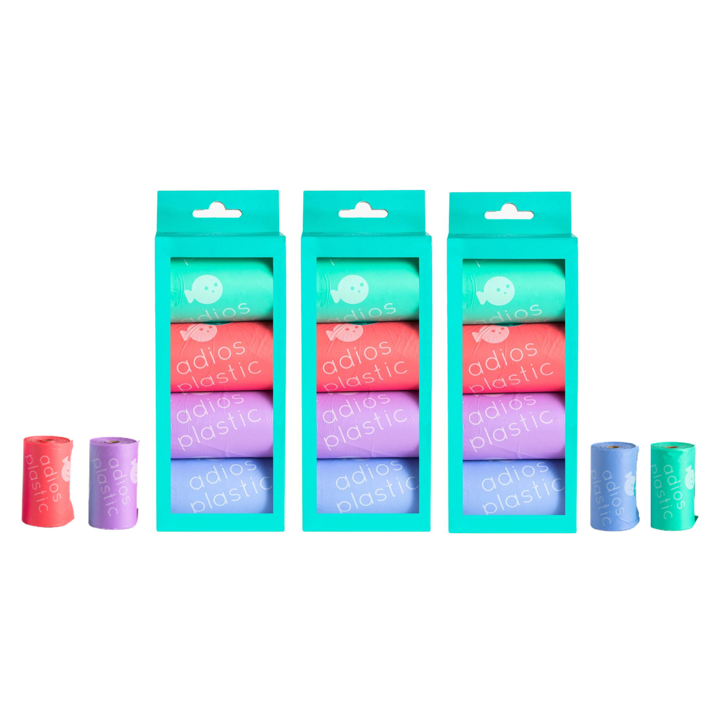 Adios Compostable Rainbow Dog Poop Bags Without Handles On A Roll