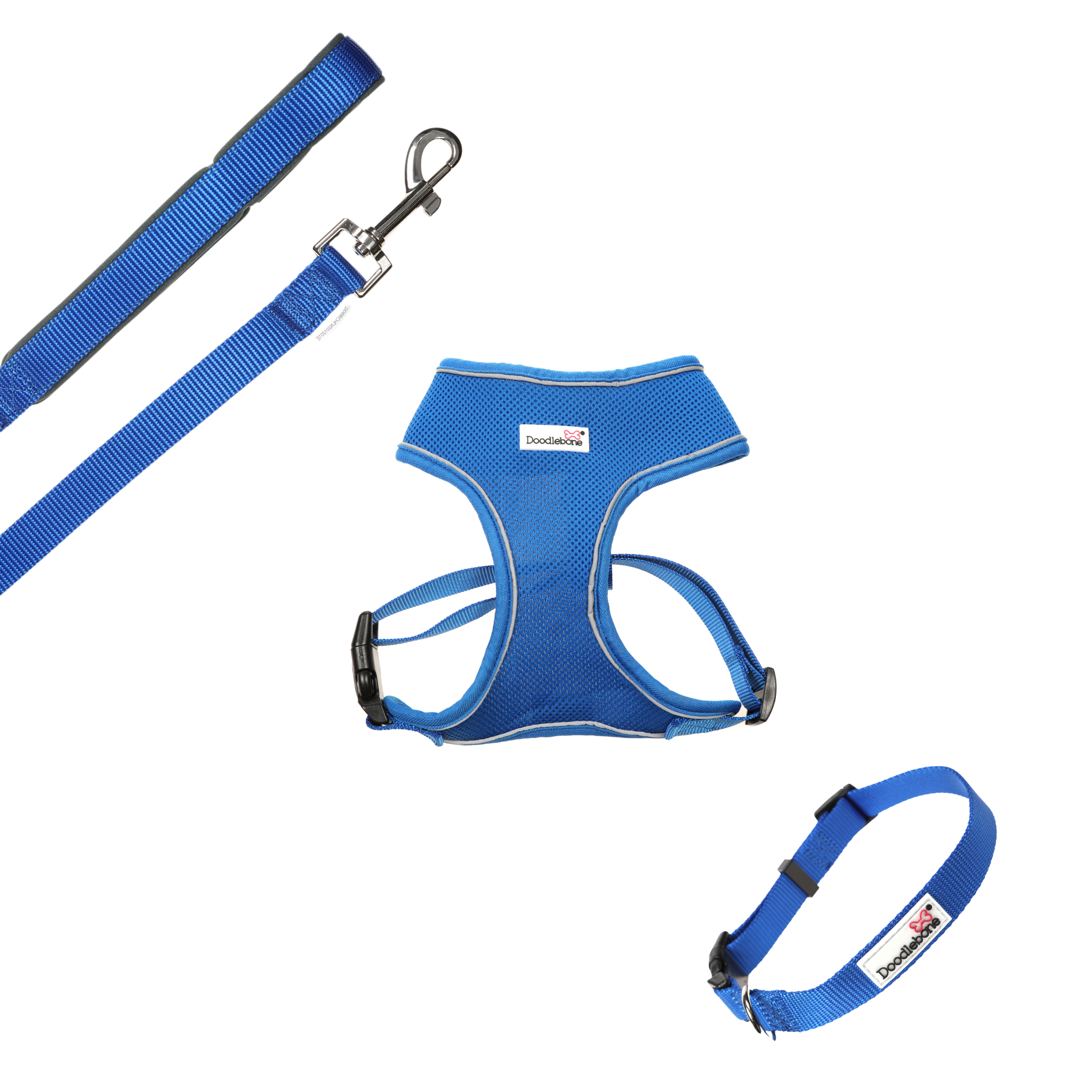 Blue dog lead, collar and harness Matching set by Doodlebone muthapuppa