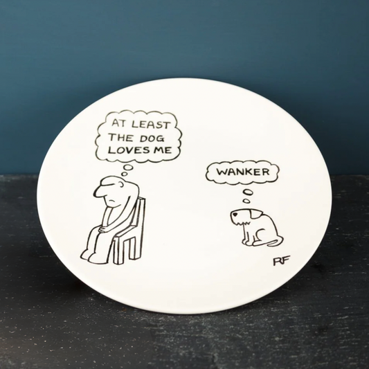 At Least The Dog Loves Me, Original White Porcelain Plate & Mug, by Rupert Fawcett