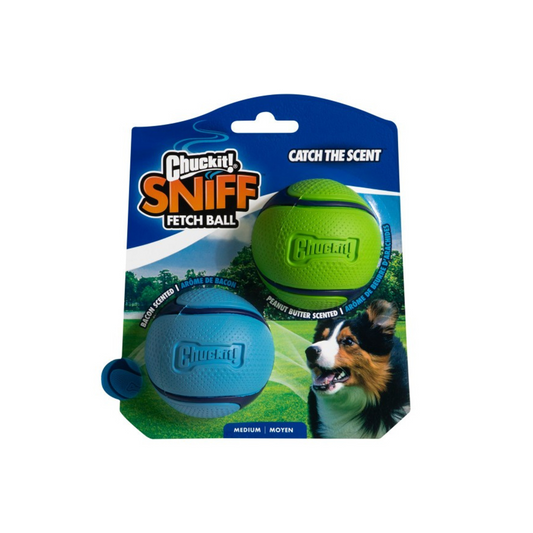Chuckit! Sniff Fetch Balls, Bacon & Peanut Butter Flavour, Medium Tennis Ball Size, 2 Pack