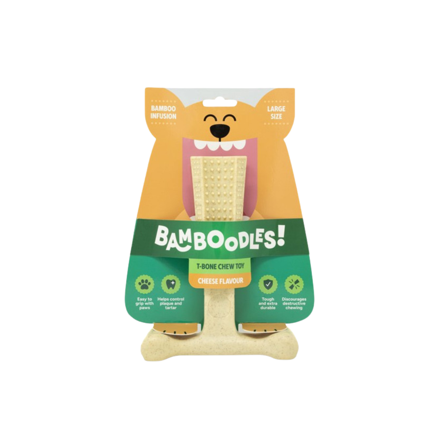 Bamboodles T-Bone Shape Tough Dog Chew Toy Easy To Grip With Paws, Available In 3 Flavours & Sizes
