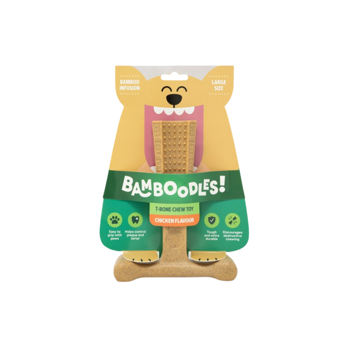 Bamboodles T-Bone Shape Tough Dog Chew Toy Easy To Grip With Paws, Available In 3 Flavours & Sizes