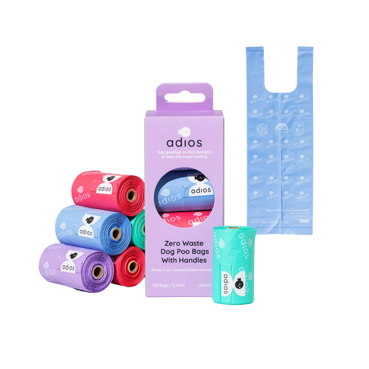 Adios compostable rainbow dog poop bags with handles, 120 bags on a roll