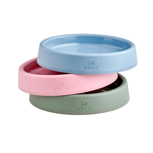 Beco Steady non-slip recycled dog bowl, shallow Plate size, in blue, green and pink