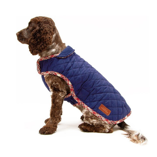 Great & Small Country quilted dog coat in navy with plaid trim