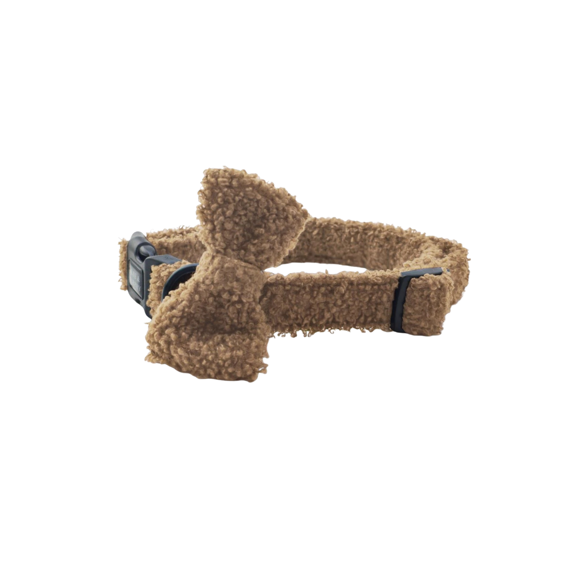 HugglePets Skye & Murphy Teddy Dog Collar & Bow Tie in Caramel beige, soft teddy fleece