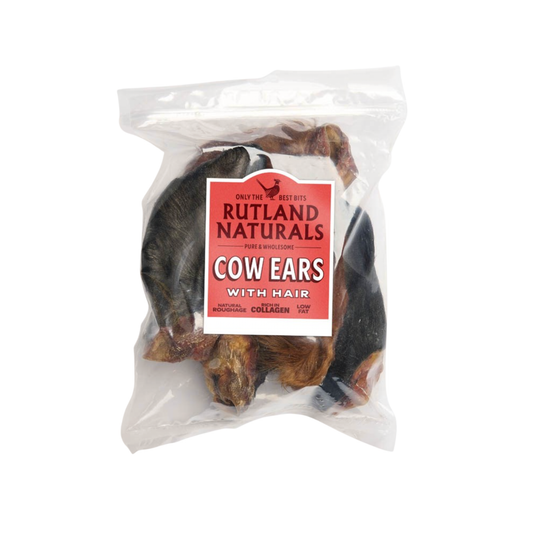 Rutland Naturals cow ears with hair, natural dog chews, 3 pack