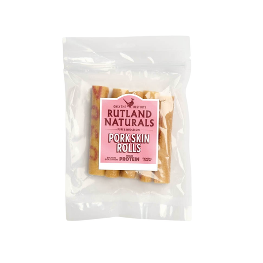 Rutland Naturals pork skin rolls, natural dog chews, 5 pack