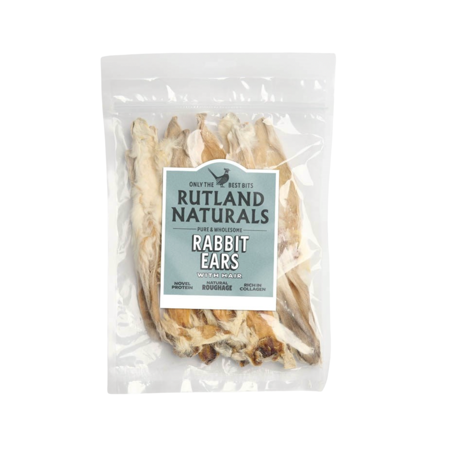 Rutland Naturals rabbit ears with hair, natural dog chews, 100g