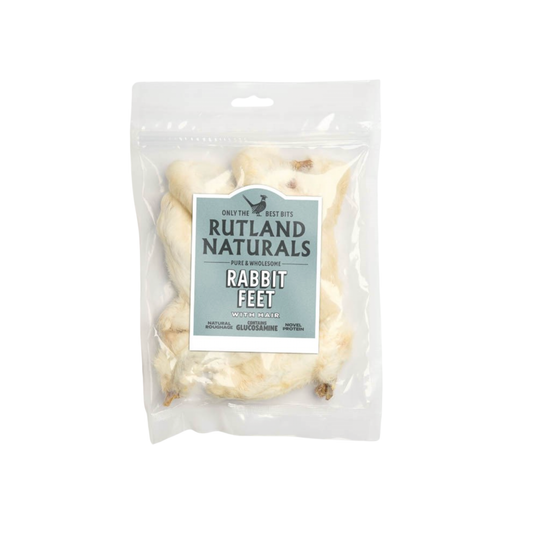 Rutland Naturals rabbit feet with hair, natural dog chews, 100g