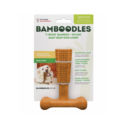 Bamboodles T-Bone Shape Tough Dog Chew Toy Easy To Grip With Paws Peanut Butter Flavour Small, Medium & Large