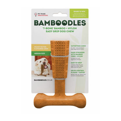 Bamboodles T-Bone Shape Tough Dog Chew Toy Easy To Grip With Paws Peanut Butter Flavour Small, Medium & Large