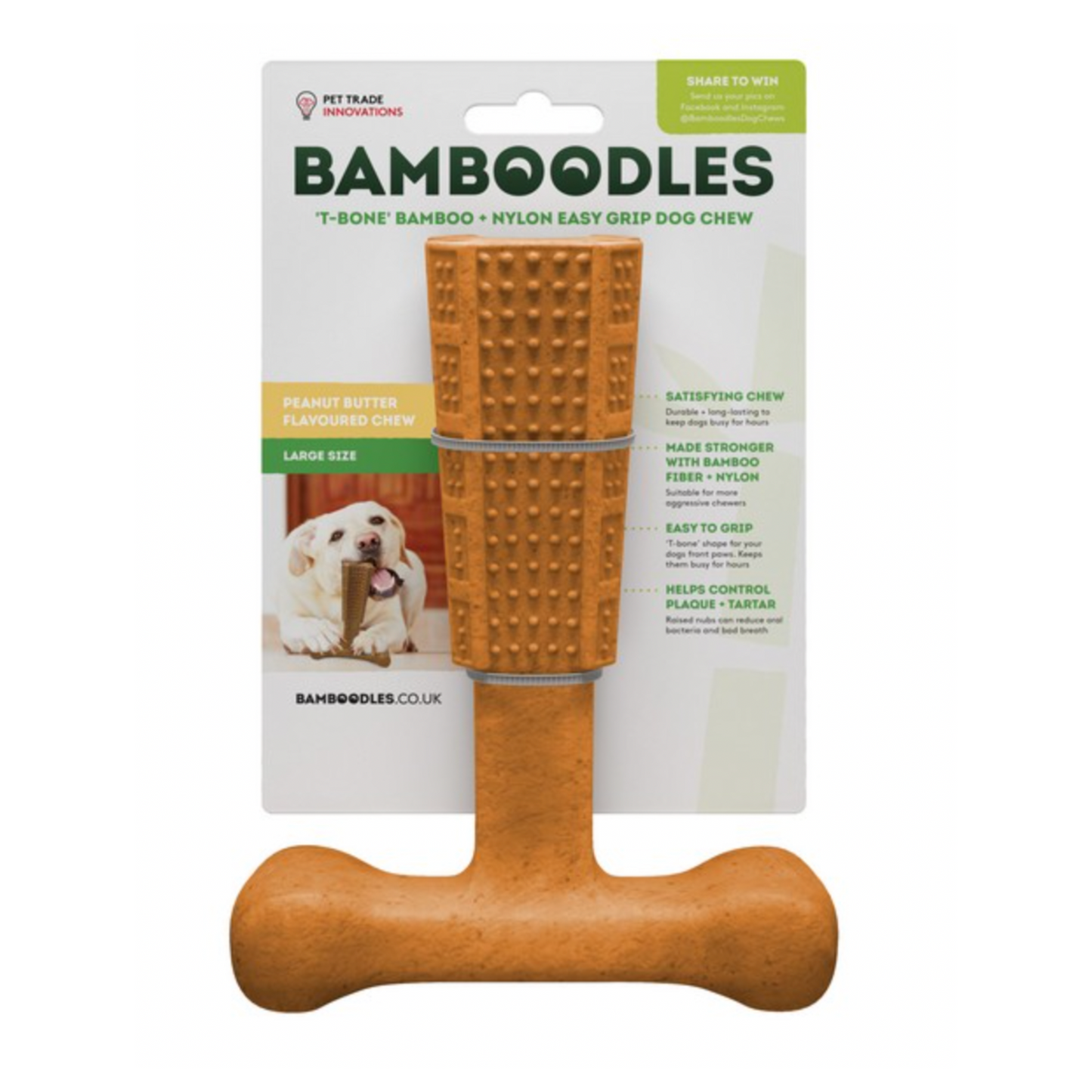 Bamboodles T-Bone Shape Tough Dog Chew Toy Easy To Grip With Paws Peanut Butter Flavour Small, Medium & Large
