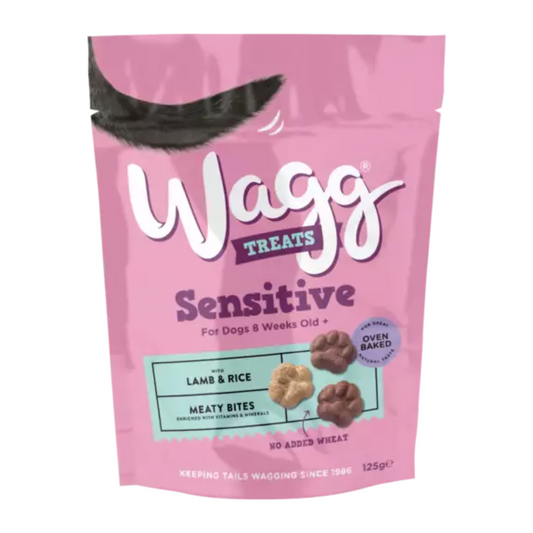 Wagg Sensitive Dog Treats With Easily Digestible Lamb & Rice, Prebiotic To Help Aid Digestion, No Added Wheat Meaty Bites 125g