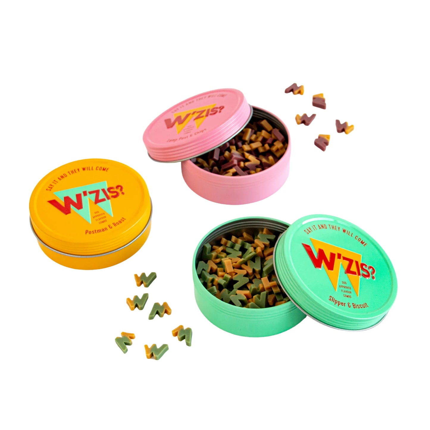 Wzis Dog Treat Tin (Yellow), Includes 100 Postman & Roast Treats (50g), Smoked Tomato, Sweet Potato & Pumpkin Flavour