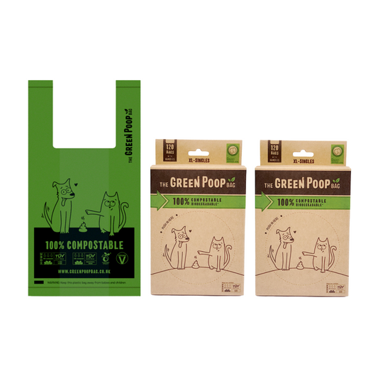 The Green Poop Bag Compostable Dog Poop Bags With Handles Loose In A Box Available In Quantities Of 120, 240 & 360 SAVE The More You Buy - Perfect For Large Size Poops