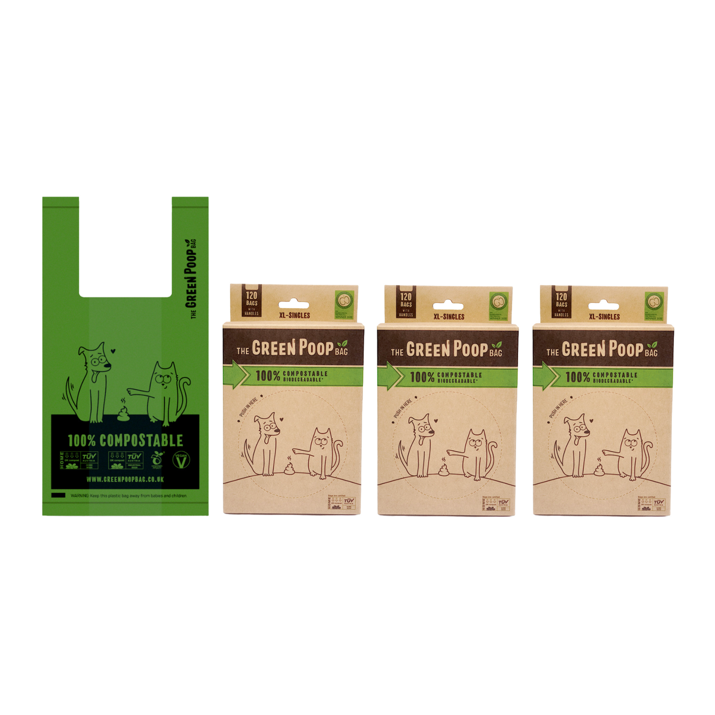 The Green Poop Bag Compostable Dog Poop Bags With Handles Loose In A Box Available In Quantities Of 120, 240 & 360 SAVE The More You Buy - Perfect For Large Size Poops