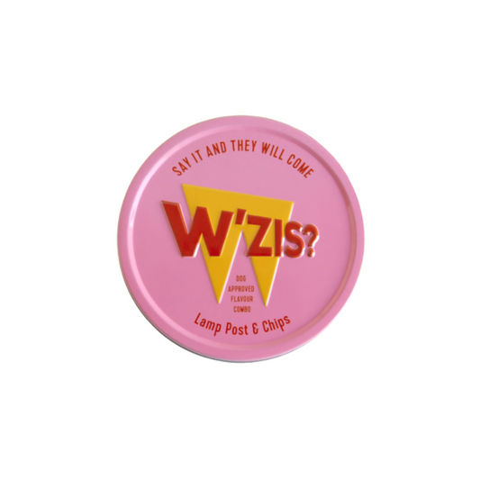 Wzis Dog Treat Tin (Pink), Includes 100 Lamp Post & Chips Treats (50g), Purple Sweet Potato, Pea & Pumpkin Flavour